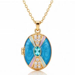 Blue and Pink Locket 18K Gold-Plated  Stainless Steel Crystal Necklace